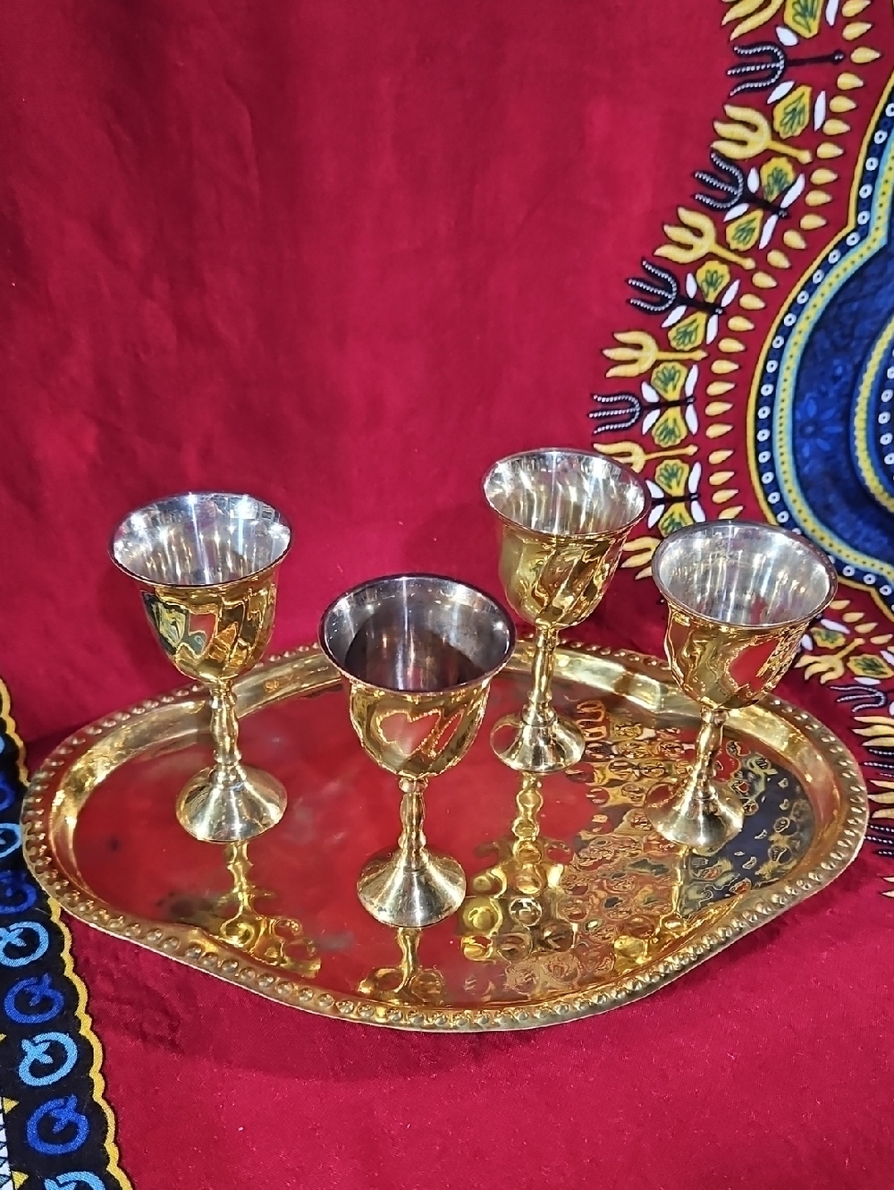 Brass Goblet Set with Decorative Tray - Gold Tone